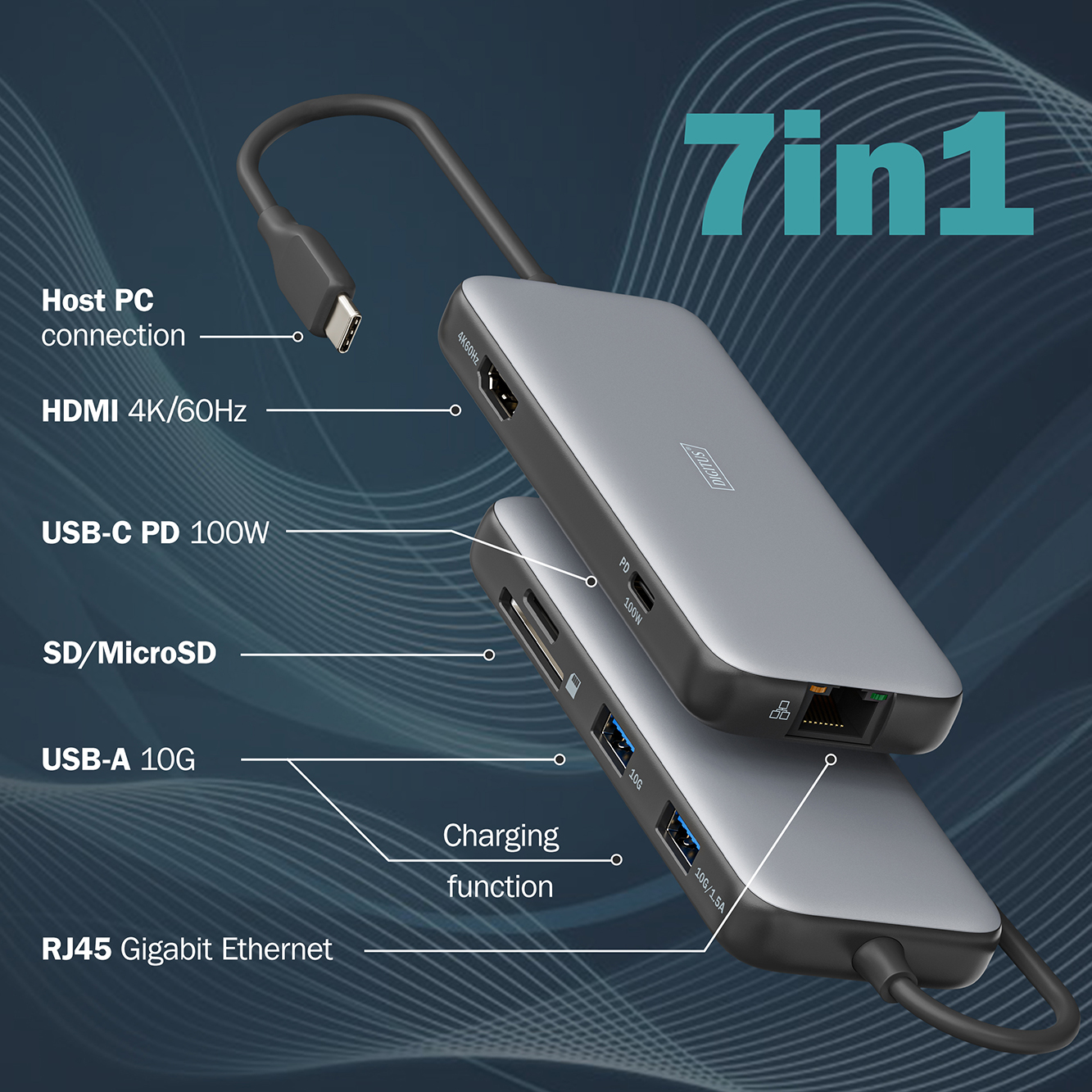 Digitus USB-C í HDMI, 3XUSB3, RJ45, SD og PCE  - DA-70914 - Image 5